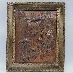 Vintage Cranes Primitive Copper Repousse Wall Decor Rustic Hammered Relief